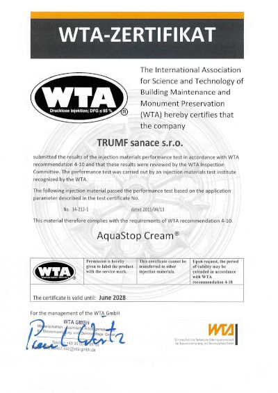 Certifikát WTA pro injektážní krém AquaStop Cream®