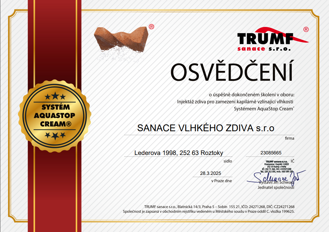 Osvědčení o školení Systém AquaStop Cream® – SANACE VLHKÉHO ZDIVA s.r.o.